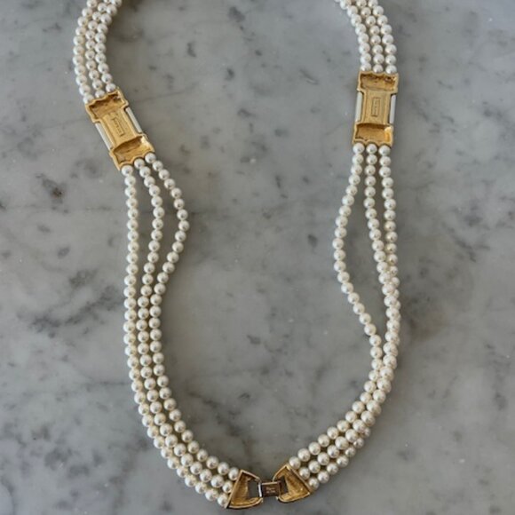 NAPIER Vintage 3 Strand Faux Pearl Enamel Accent Gold Tone Necklace - Picture 13 of 16